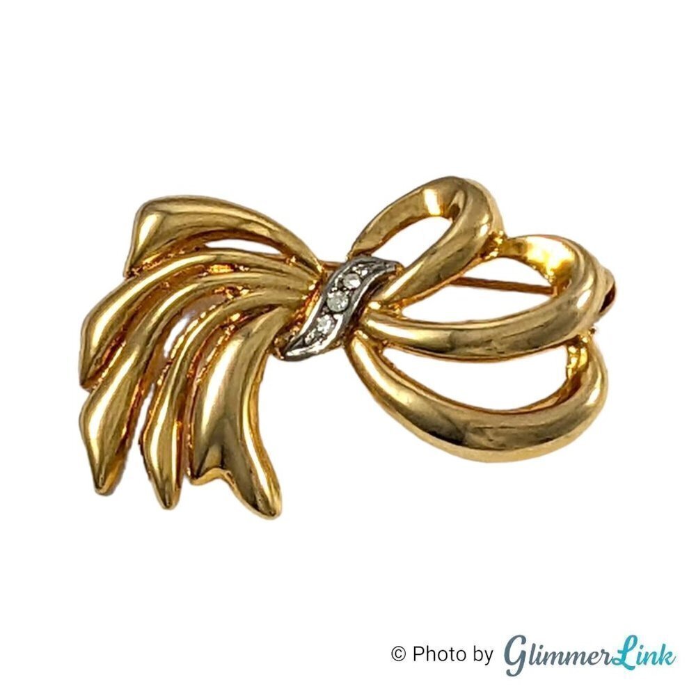 Vintage Gloria Vanderbilt Rhinestone Bow Brooch Gold Tone